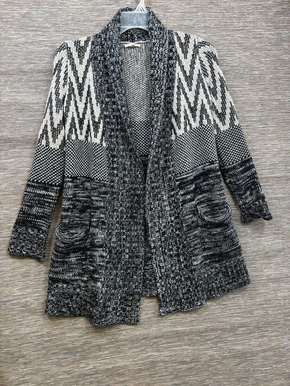 Mystree Cardigan Sweater Womens Small Black White Geometric Knit Open Front